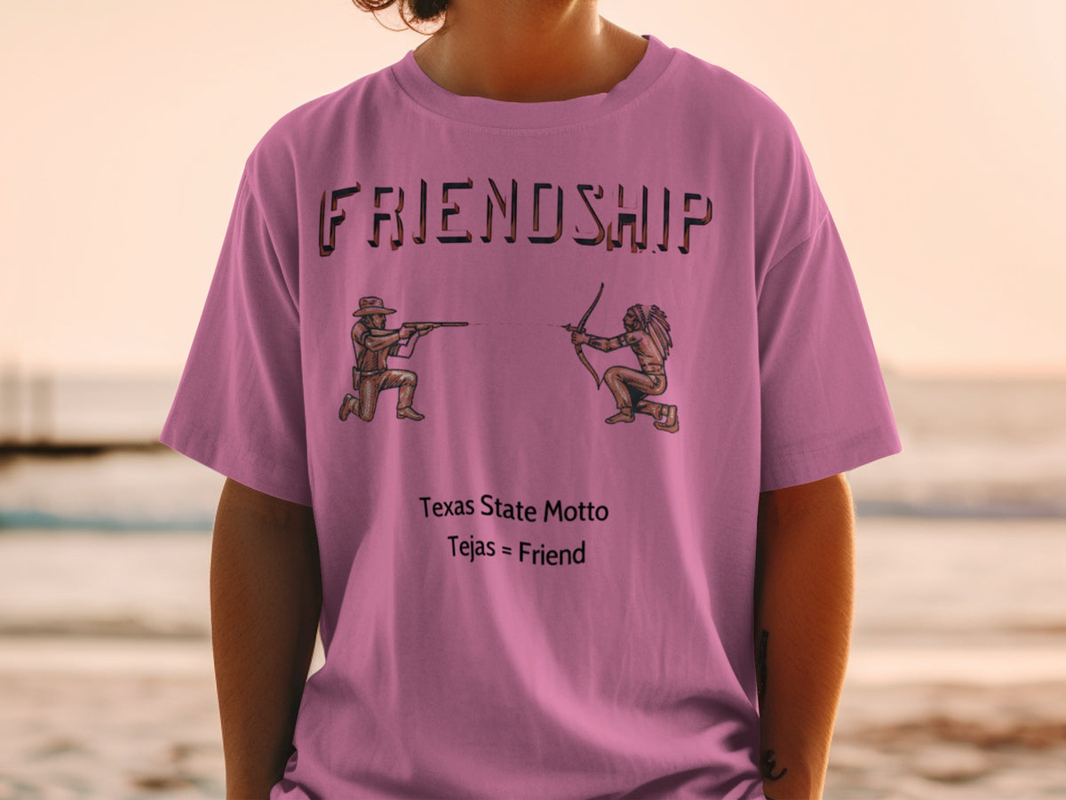 Pink t-shirt with "FRIENDSHIP" and Texas motto "Tejas = Friend".