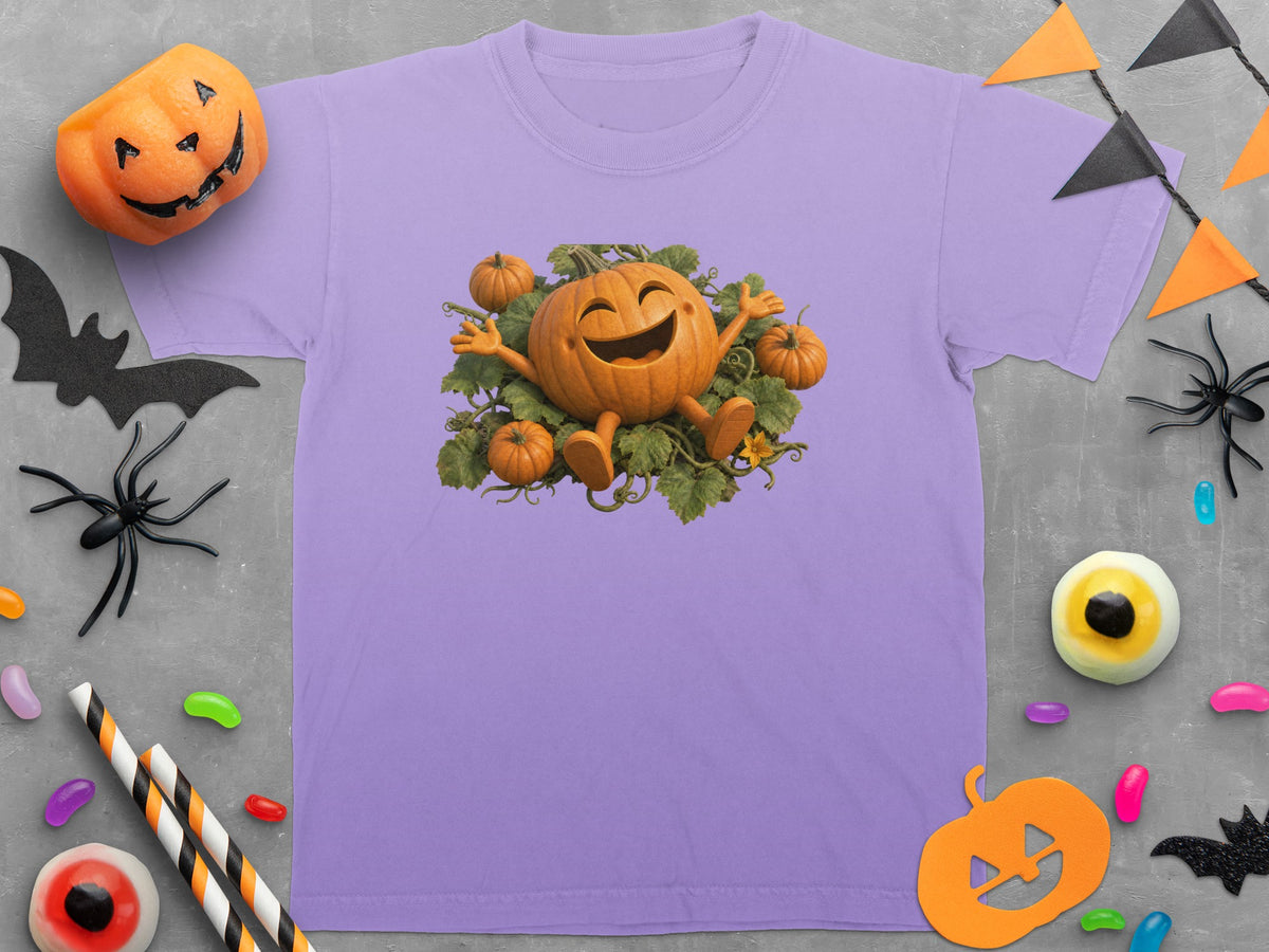 Lavender t-shirt featuring a grinning jack-o'-lantern character surrounded by pumpkins.