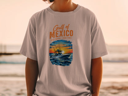 T-shirt graphic: "Gulf of Mexico Salt Water Good Times" with fishing boat at sunset.