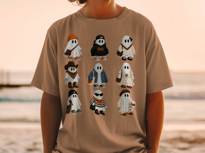 Nine illustrated ghosts in various outfits with accessories.