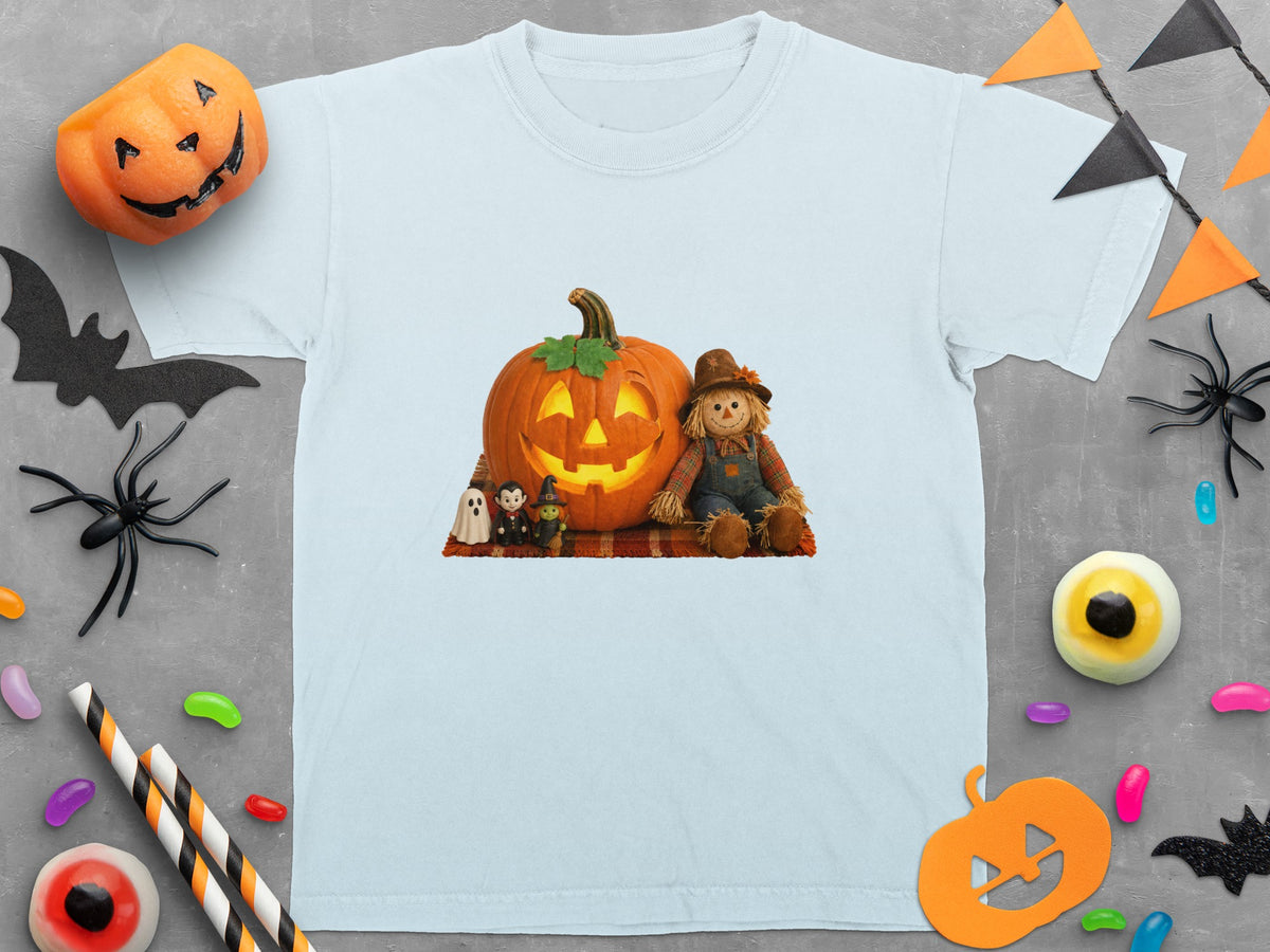 Light blue t-shirt with Halloween print featuring a jack-o'-lantern, scarecrow, and small spooky figures.