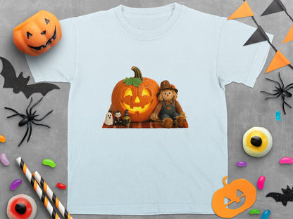 Light blue t-shirt with Halloween print featuring a jack-o'-lantern, scarecrow, and small spooky figures.