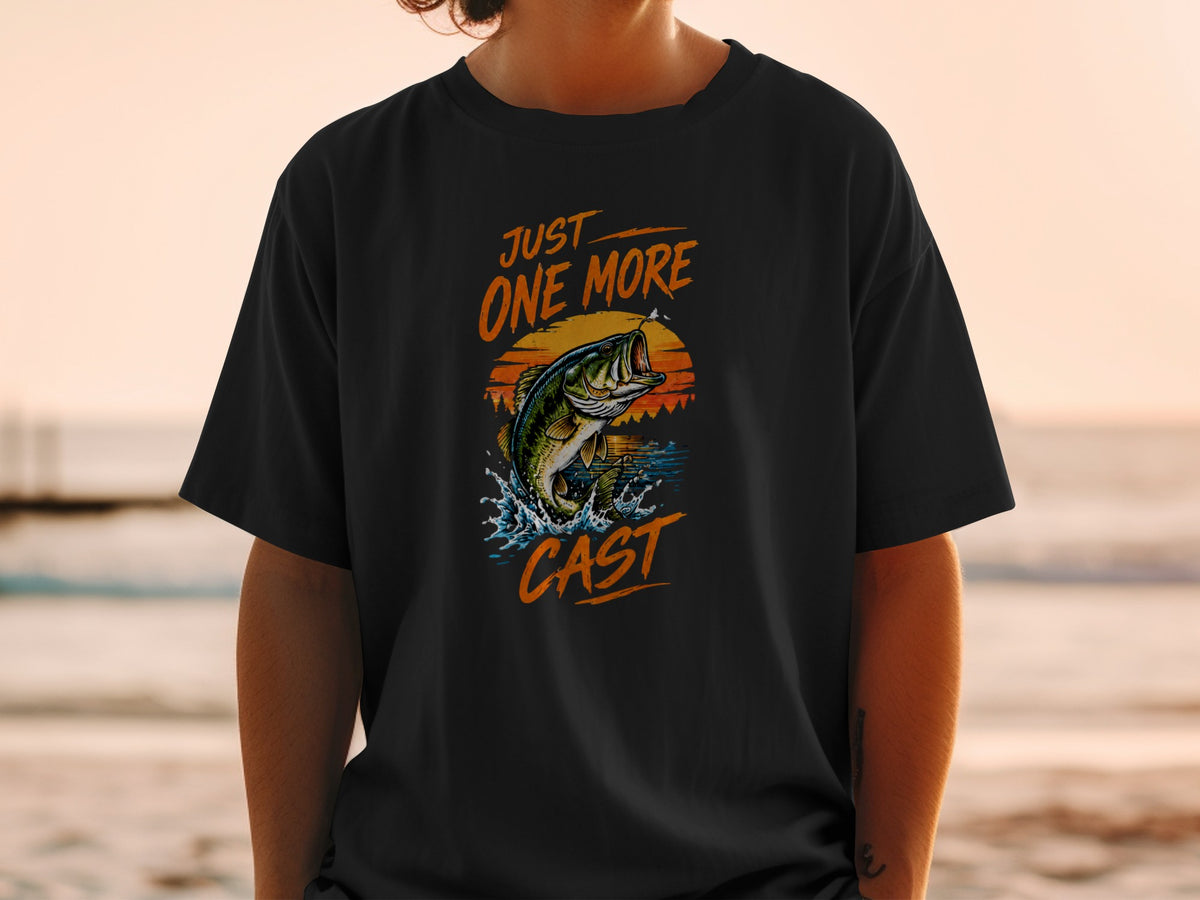 Black t-shirt with jumping bass, sunset, and "Just One More Cast" text.