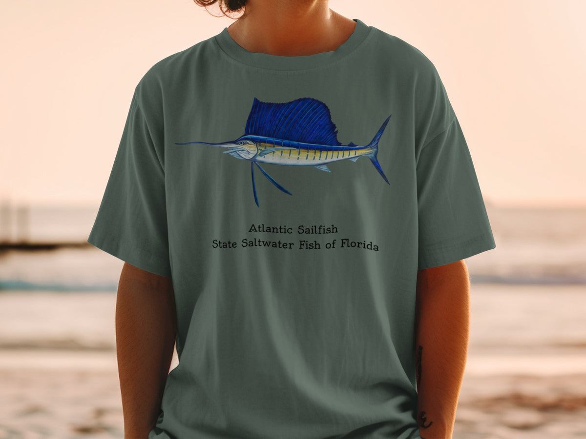 T-shirt with Atlantic Sailfish graphic and "State Saltwater Fish of Florida" text.