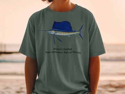 T-shirt with Atlantic Sailfish graphic and "State Saltwater Fish of Florida" text.