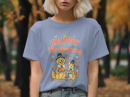 Dog and cat with Thanksgiving dinner and pie on t-shirt.