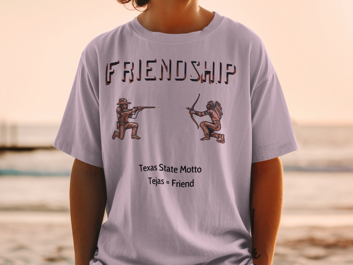 T-shirt with "FRIENDSHIP" text and illustration of two figures, one with a rifle, one with a bow.
