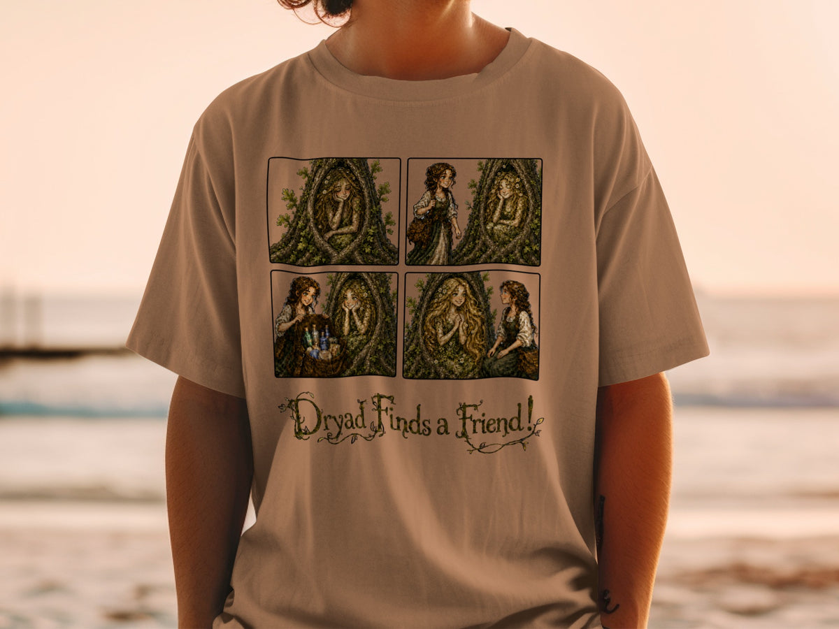 T-shirt graphic: four-panel comic of a dryad in a tree, "Dryad Finds a Friend!".