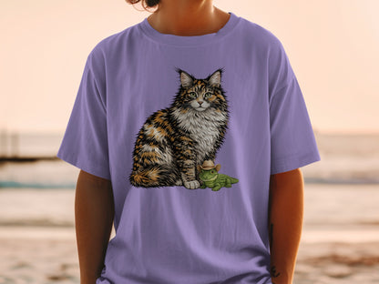 A person wearing a pastel purple t-shirt featuring an illustration of a fluffy calico cat next to a small green alligator wearing a cowboy hat.