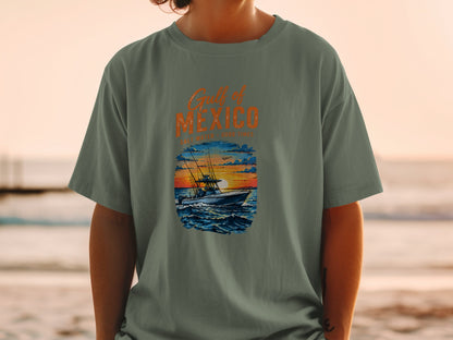 Gulf of Mexico fishing boat at sunset graphic tee with text.