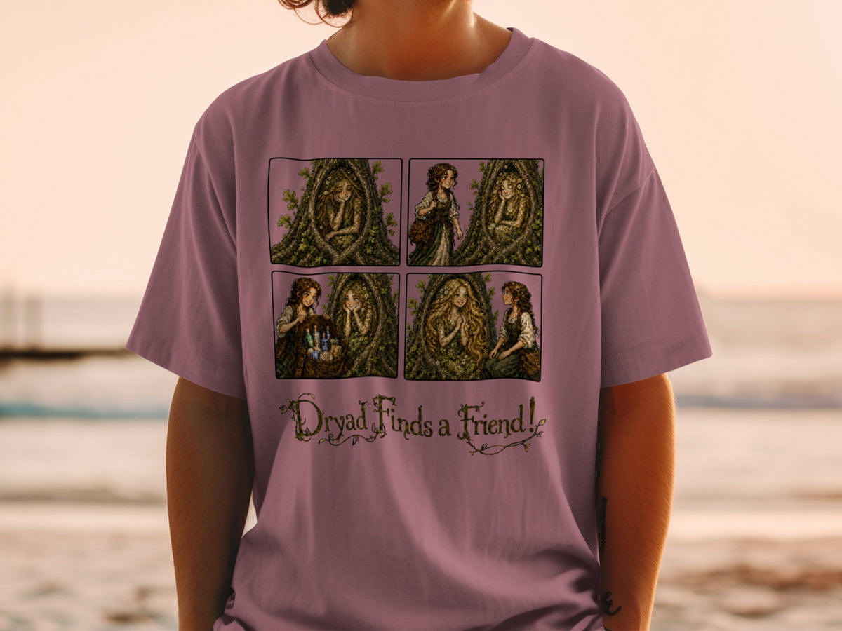 Four-panel comic strip showing a dryad in a tree and her friend, with the text "Dryad Finds a Friend!"
