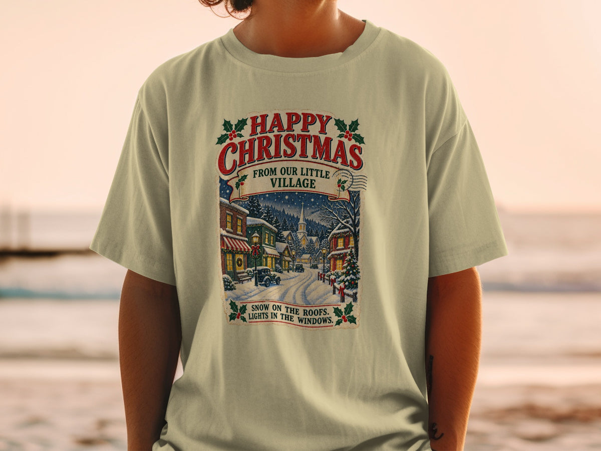 Christmas village graphic with "Happy Christmas from our little village" text.