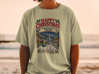 Christmas village graphic with "Happy Christmas from our little village" text.