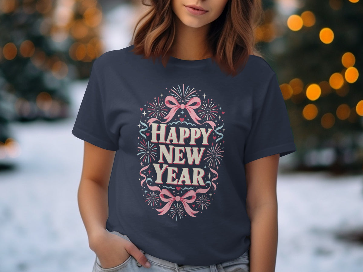 Navy t-shirt with "Happy New Year" text and festive bow.