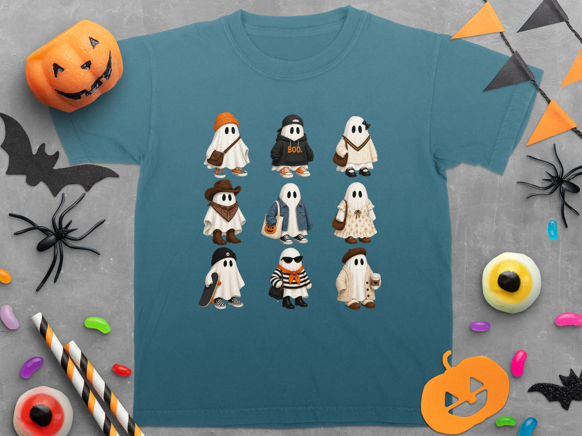 Teal t-shirt featuring nine cartoon ghosts in various Halloween-themed outfits.