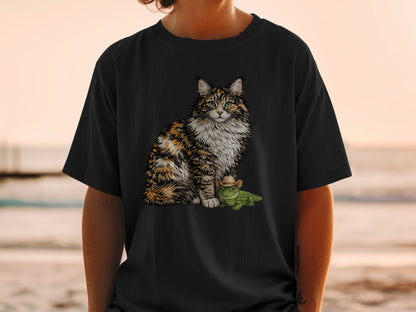 A black t-shirt printed with a detailed graphic of a fluffy calico cat sitting beside a tiny alligator wearing a cowboy hat.