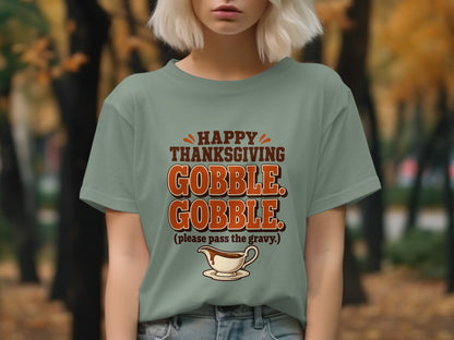 "Happy Thanksgiving Gobble Gobble" text with a gravy boat illustration.