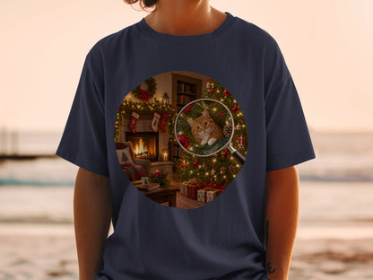 Magnifying glass over an orange cat nestled in a decorated Christmas tree.