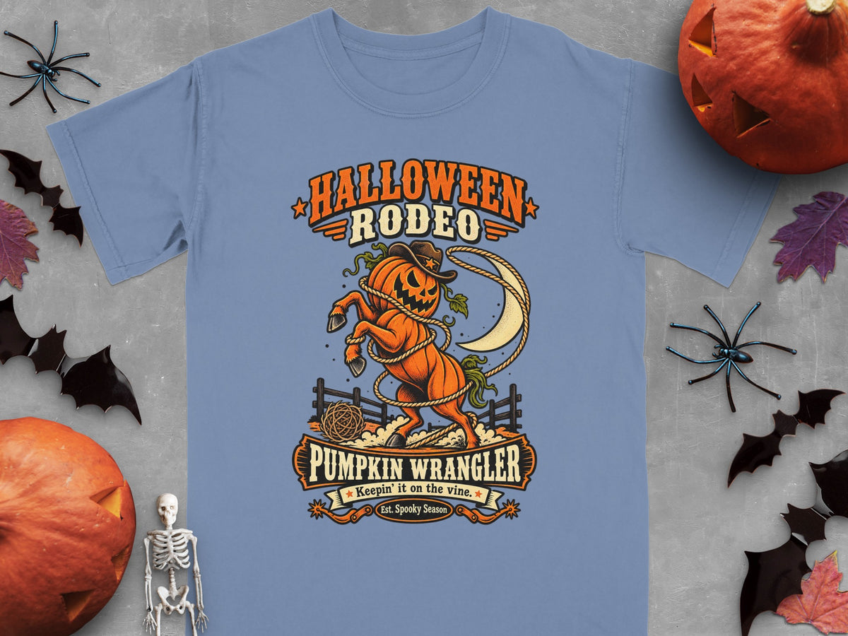 Halloween Rodeo Pumpkin Wrangler design with a jack-o'-lantern horse and lasso.