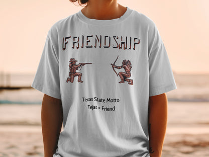 White t-shirt with "Friendship" text and illustrations of a frontiersman and a Native American.