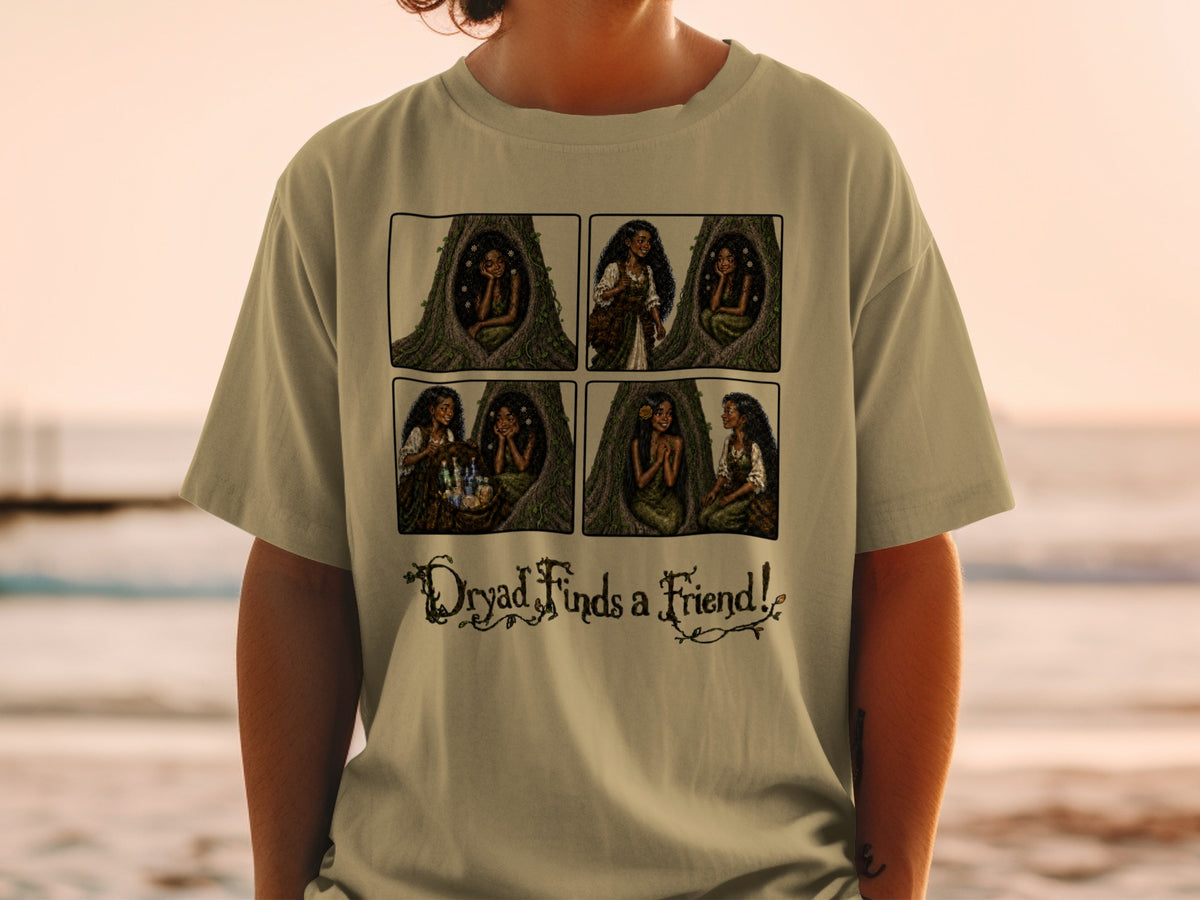 Four panel comic strip showing a dryad in a tree hollow, with text "Dryad Finds a Friend!".