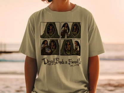 Four panel comic strip showing a dryad in a tree hollow, with text "Dryad Finds a Friend!".