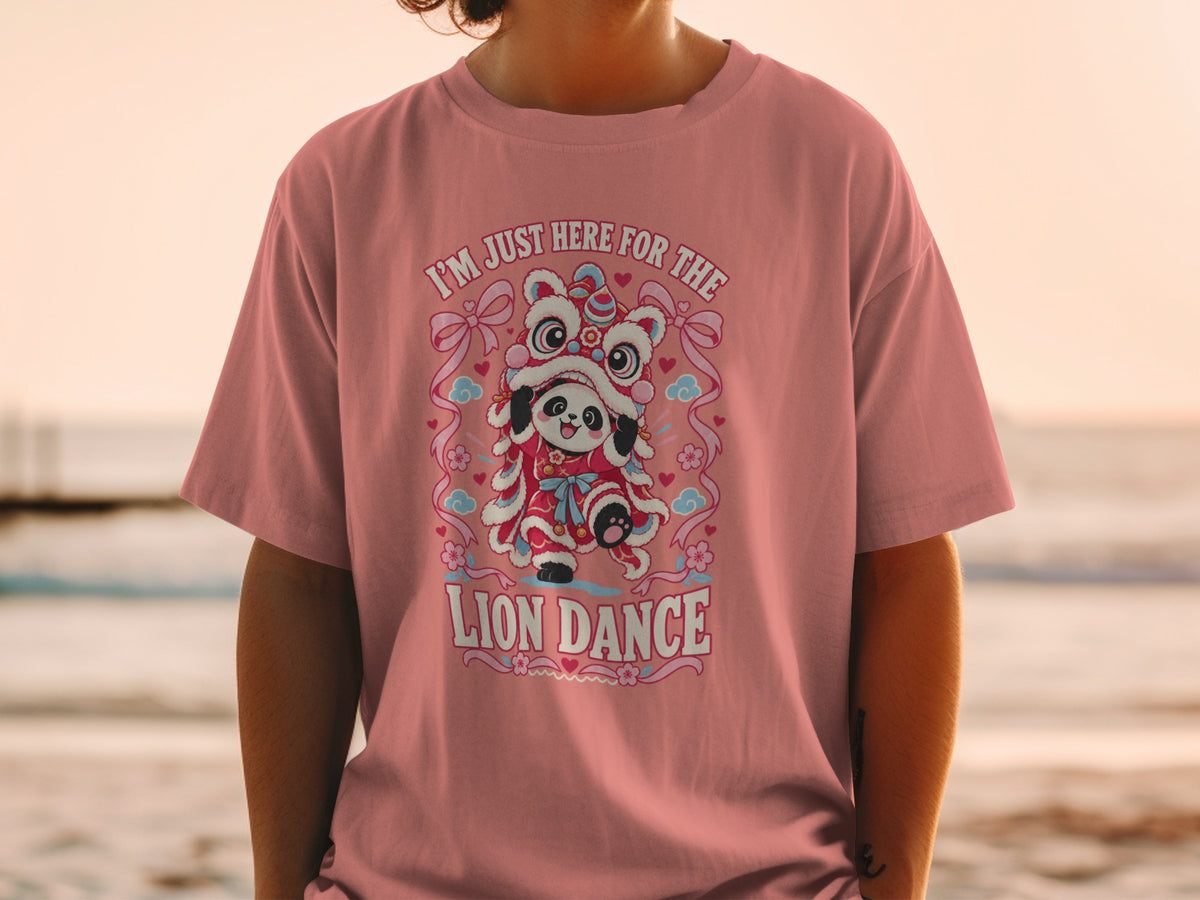 Panda in a lion dance costume with text "I'M JUST HERE FOR THE LION DANCE".