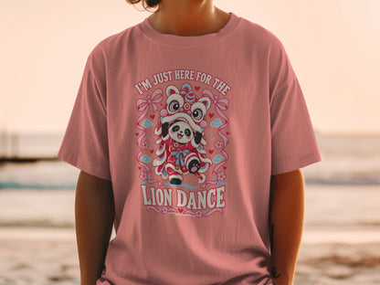 Panda in a lion dance costume with text "I'M JUST HERE FOR THE LION DANCE".
