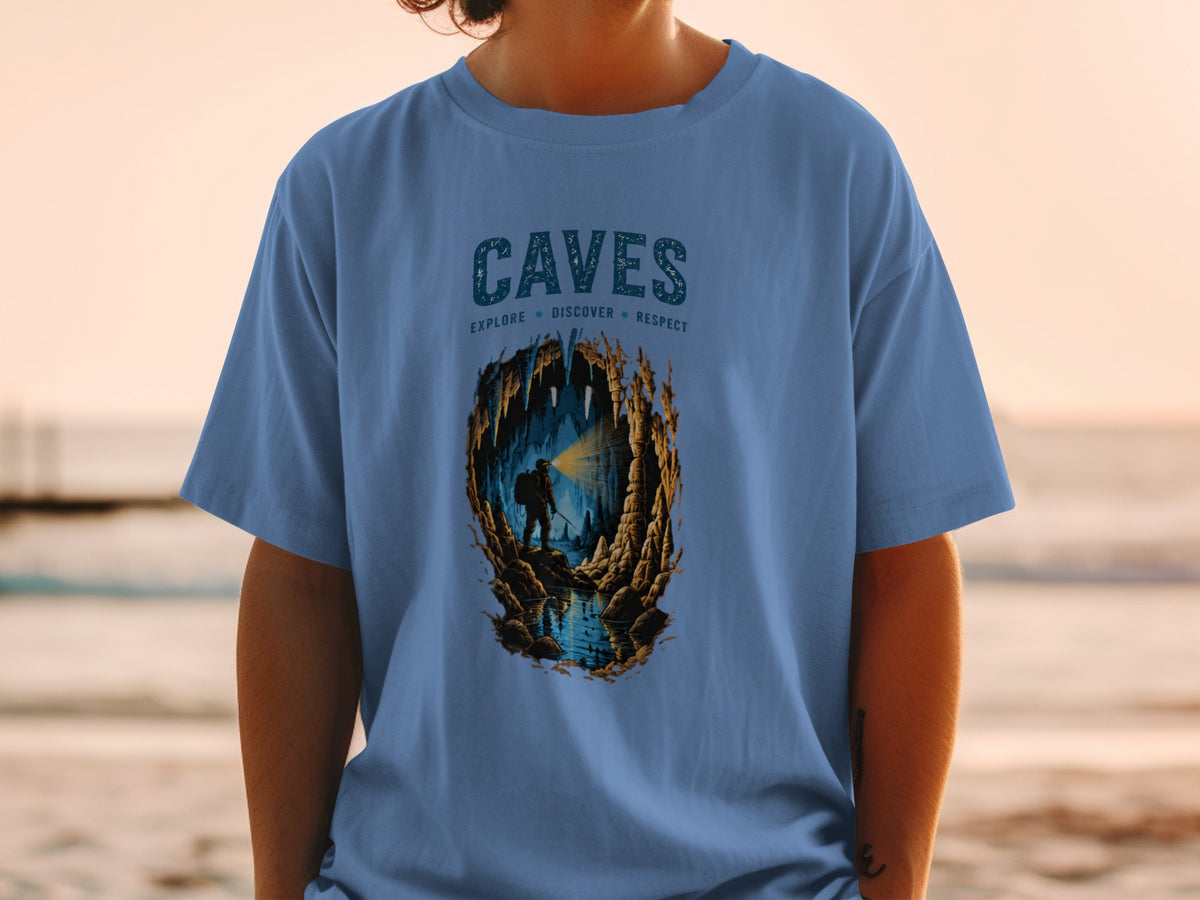 Cave graphic t-shirt with text "CAVES" and "EXPLORE DISCOVER RESPECT".