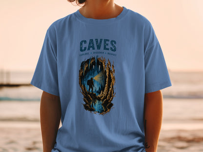 Cave graphic t-shirt with text "CAVES" and "EXPLORE DISCOVER RESPECT".