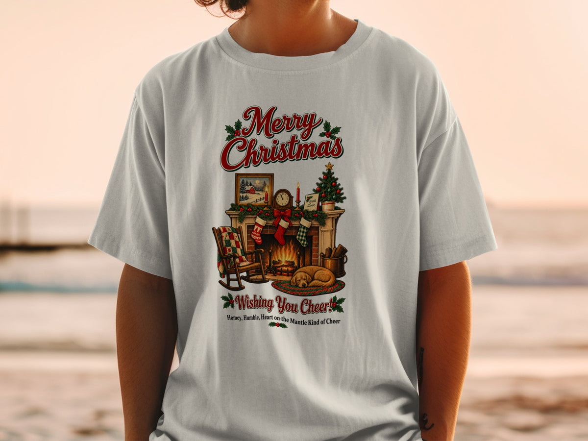 Merry Christmas graphic with fireplace, rocking chair, dog, and text.