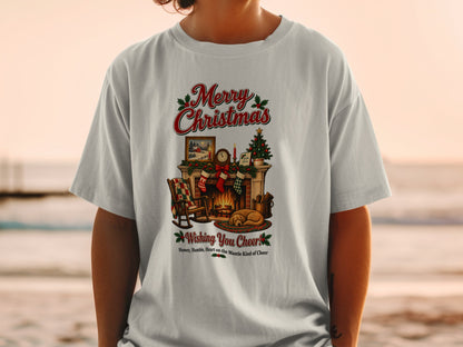 Merry Christmas graphic with fireplace, rocking chair, dog, and text.