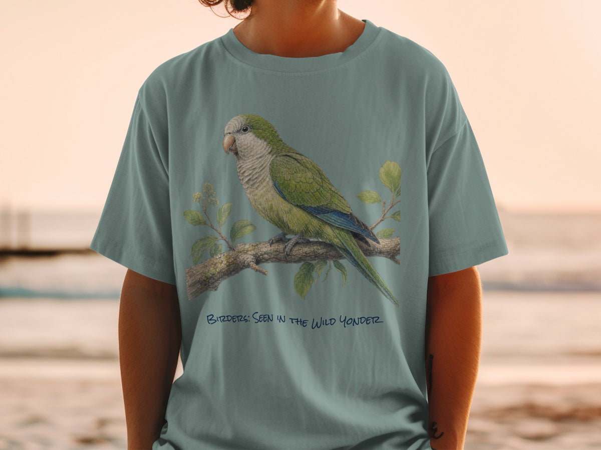 Green parrot perched on a branch with "Birders: Seen in the Wild Yonder" text.