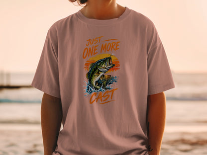 T-shirt graphic: jumping bass, sunset, and text "JUST ONE MORE CAST".