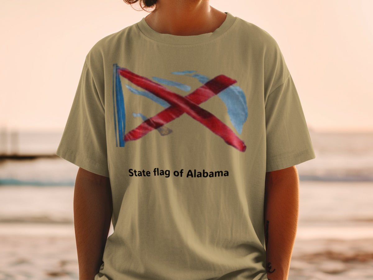 T-shirt with the state flag of Alabama graphic and text.