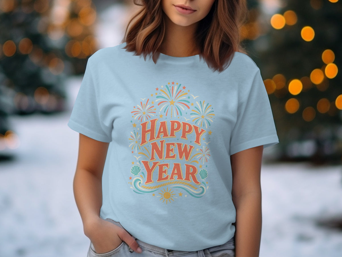 Light blue t-shirt with "Happy New Year" text and fireworks graphic.