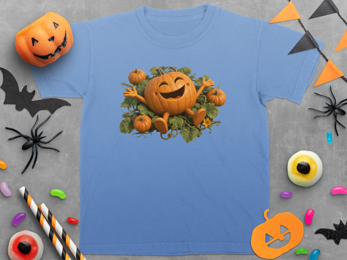 Blue t-shirt with a cheerful pumpkin graphic surrounded by leaves and smaller pumpkins.