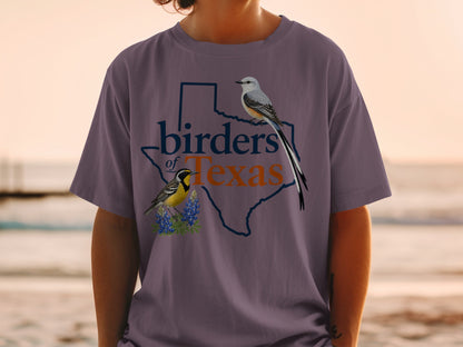 Birders of Texas t-shirt with state outline, two birds, and bluebonnets.