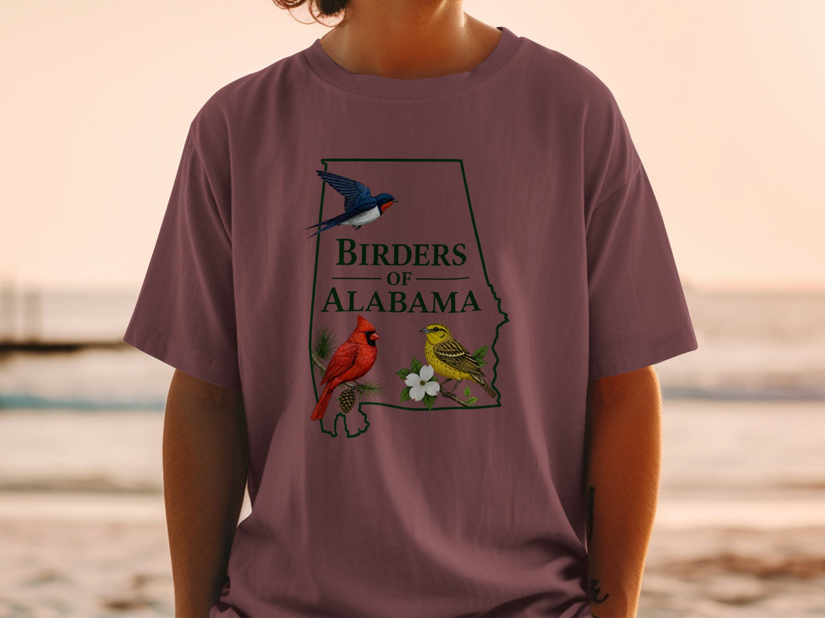 Alabama state outline with "Birders of Alabama" text, cardinal, and yellow bird.
