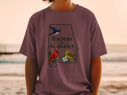 Alabama state outline with "Birders of Alabama" text, cardinal, and yellow bird.