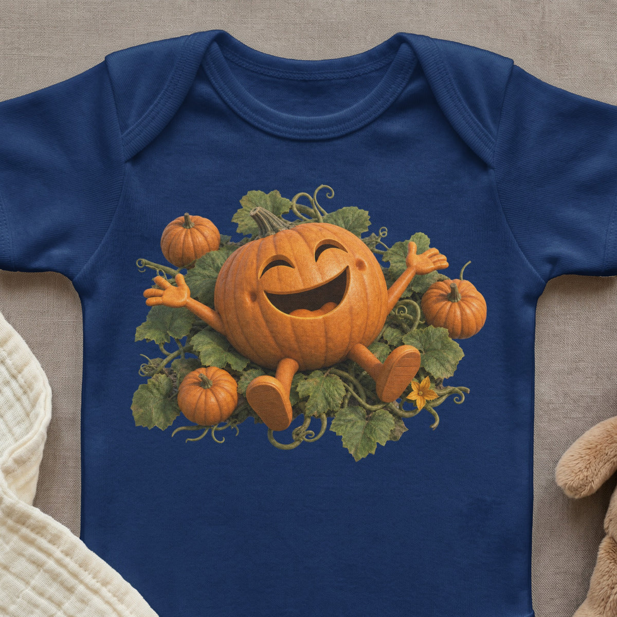 Navy blue baby bodysuit with a cartoon pumpkin character and smaller pumpkins on leaves.