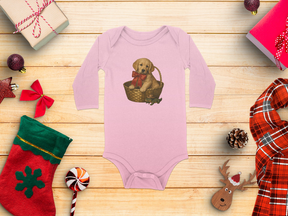 Pink baby onesie with a golden retriever puppy in a basket and a small alligator.