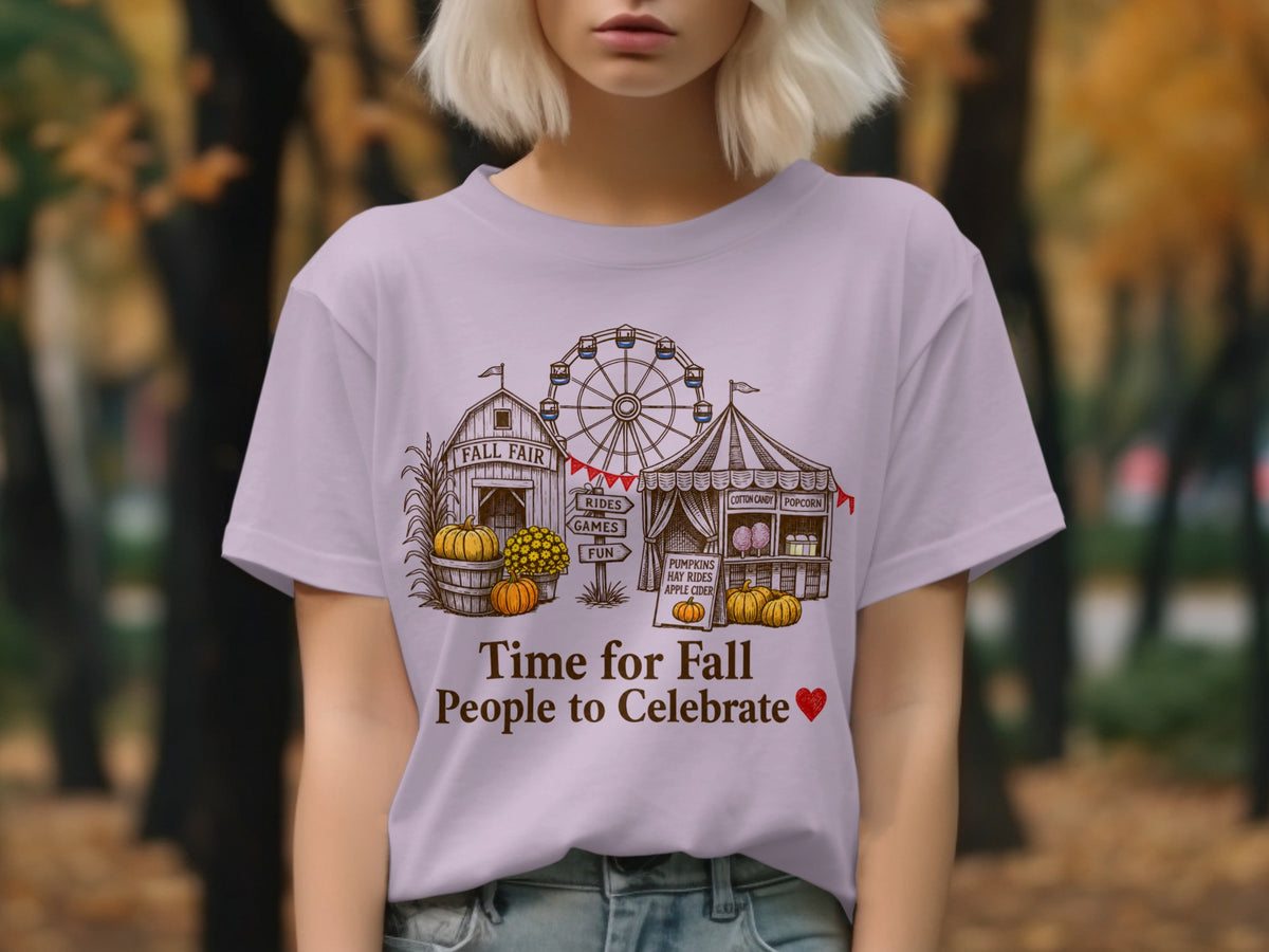 T-shirt with fall fair graphic including Ferris wheel, barn, and text "Time for Fall People to Celebrate".