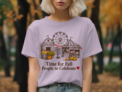 T-shirt with fall fair graphic including Ferris wheel, barn, and text "Time for Fall People to Celebrate".