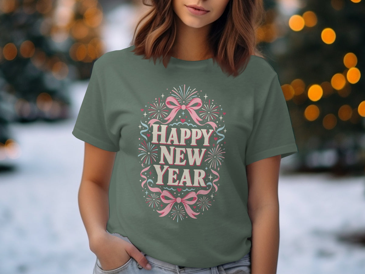 Green t-shirt with "Happy New Year" text, pink bows, and fireworks.