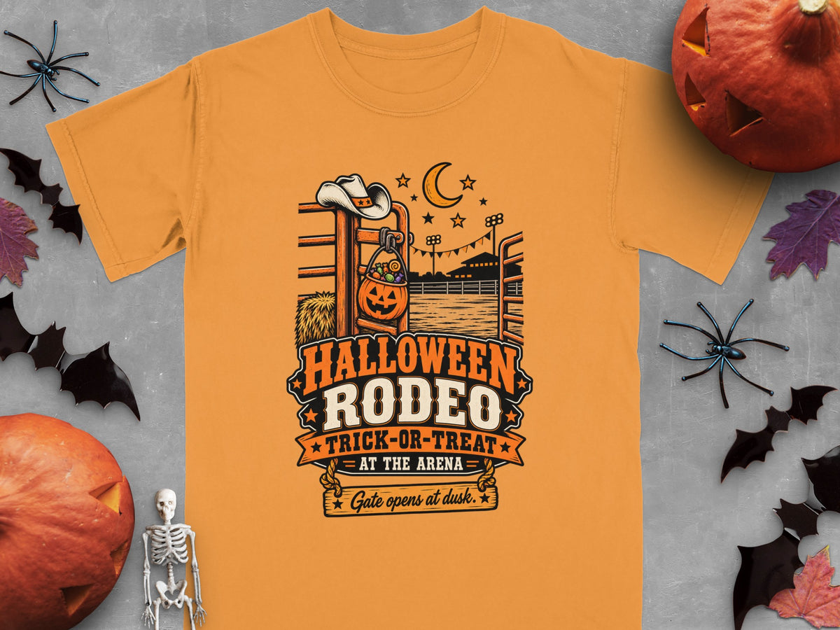 Orange t-shirt graphic: Halloween Rodeo Trick-or-Treat at the Arena, Gate opens at dusk.