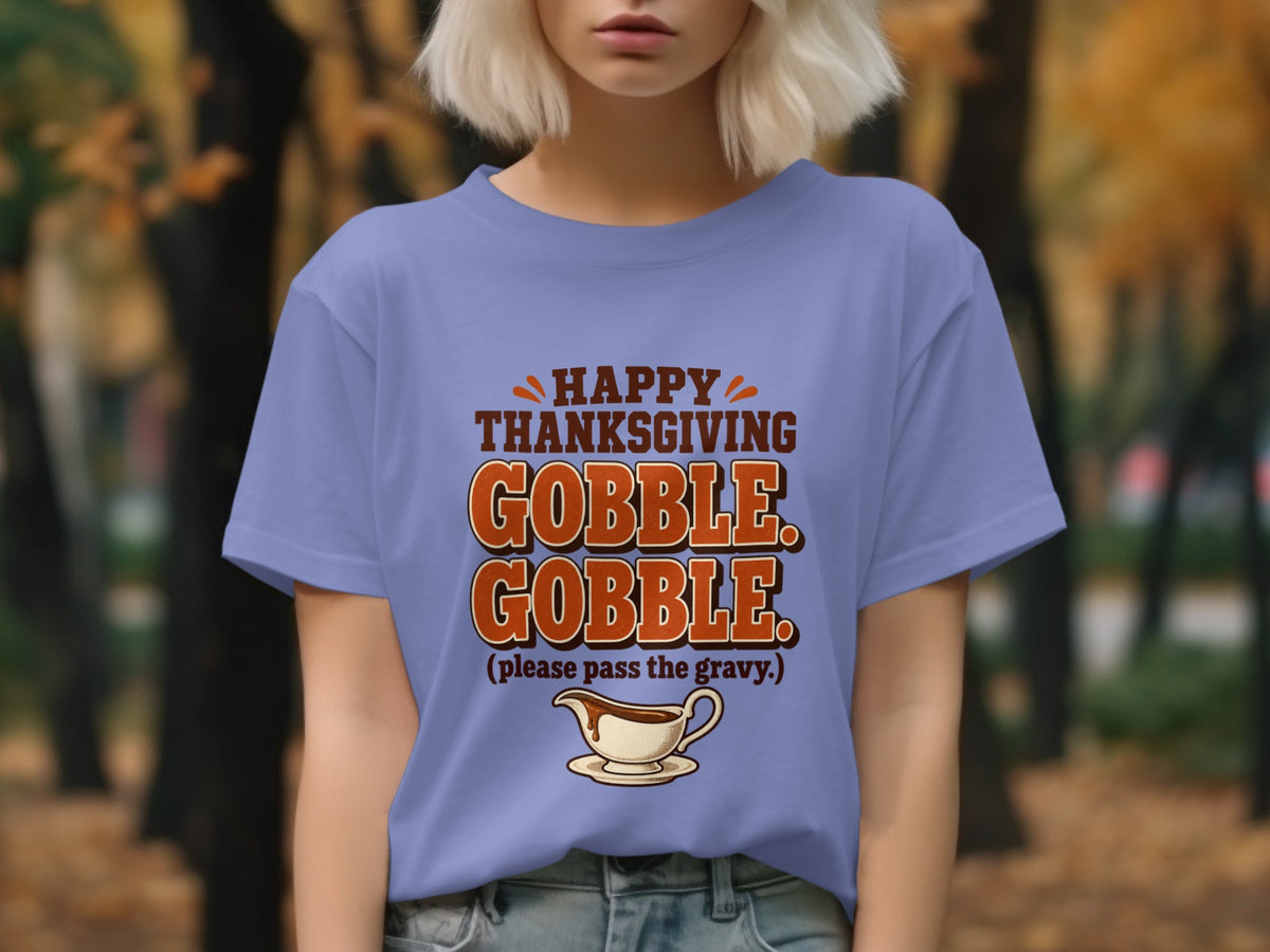 Happy Thanksgiving Gobble Gobble text with gravy boat on purple t-shirt.