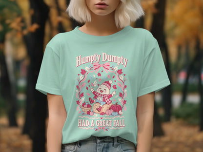 Humpty Dumpty shirt with autumn leaves, pumpkins, and text "HAD A GREAT FALL".