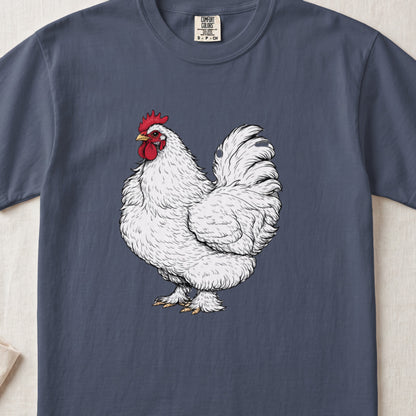 A dark blue crewneck t-shirt featuring a detailed illustration of a white rooster centered on the chest.