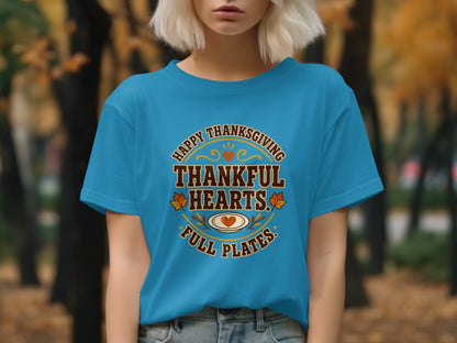 Blue t-shirt with "Happy Thanksgiving Thankful Hearts Full Plates" text graphic.
